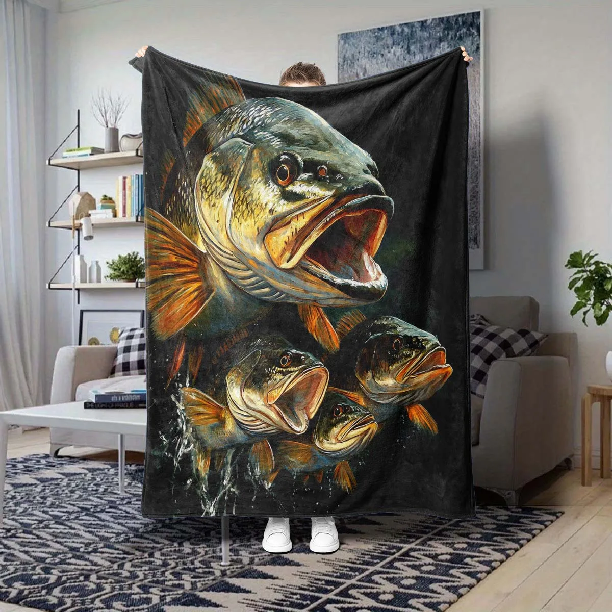Large Fish Painting Throw Blanket Home Decor Gift Nautical Fishing Man Cave Art Blanket for Fisherman Aquatic Bedroom Cover