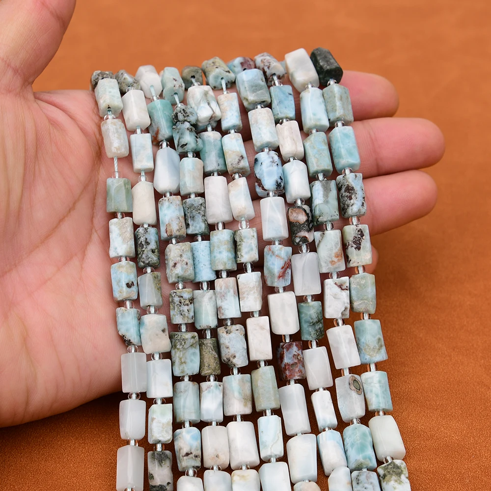 

APDGG Natural Blue Larimar Gems Cylinder Faceted Nugget Genuine Raw Mineral Stone Loose Beads 15.5" Jewelry Making DIY