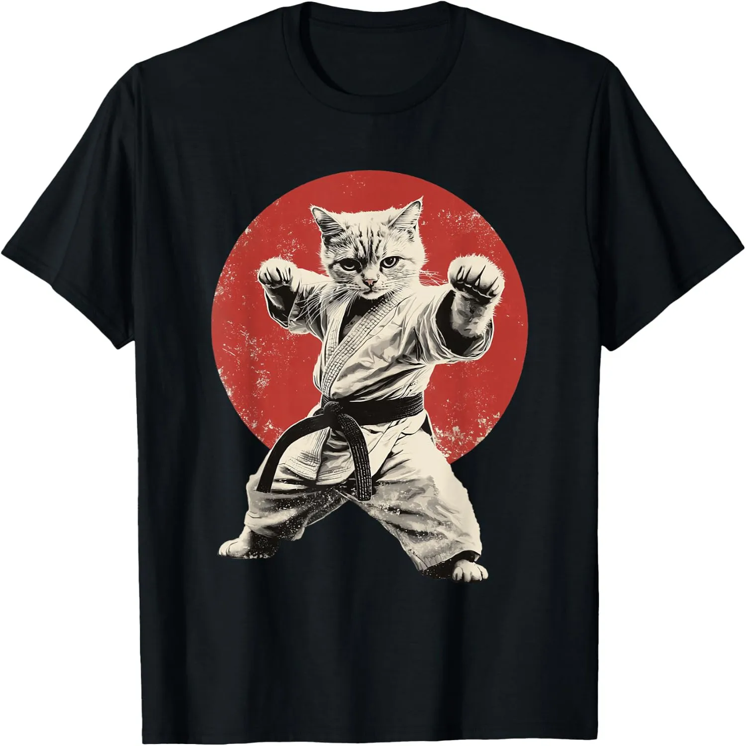 Karate Cat Black Belt Martial Arts Vintage Red Circle Graphic T-Shirt