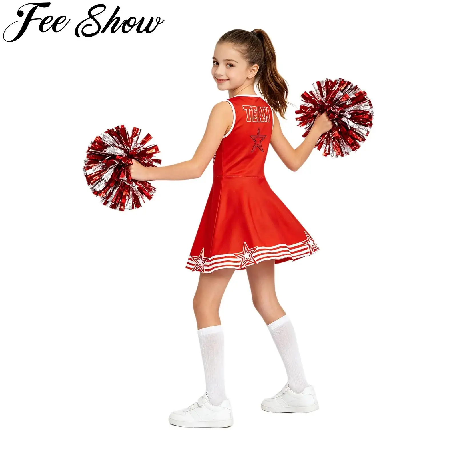 Kid Girls Cheerleading Uniform School Cheerleader Dance Performance Costume Sleeveless Color Block Printed Dress Cheer Dancewear