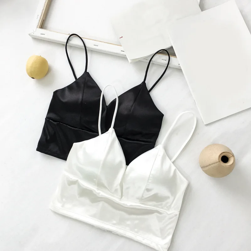 Sexy Satin Padded Crop Tops Women Wireless Bralette Female T-shirt Cropped Camisole Tank Top Casual Vest Ropa De Mujer