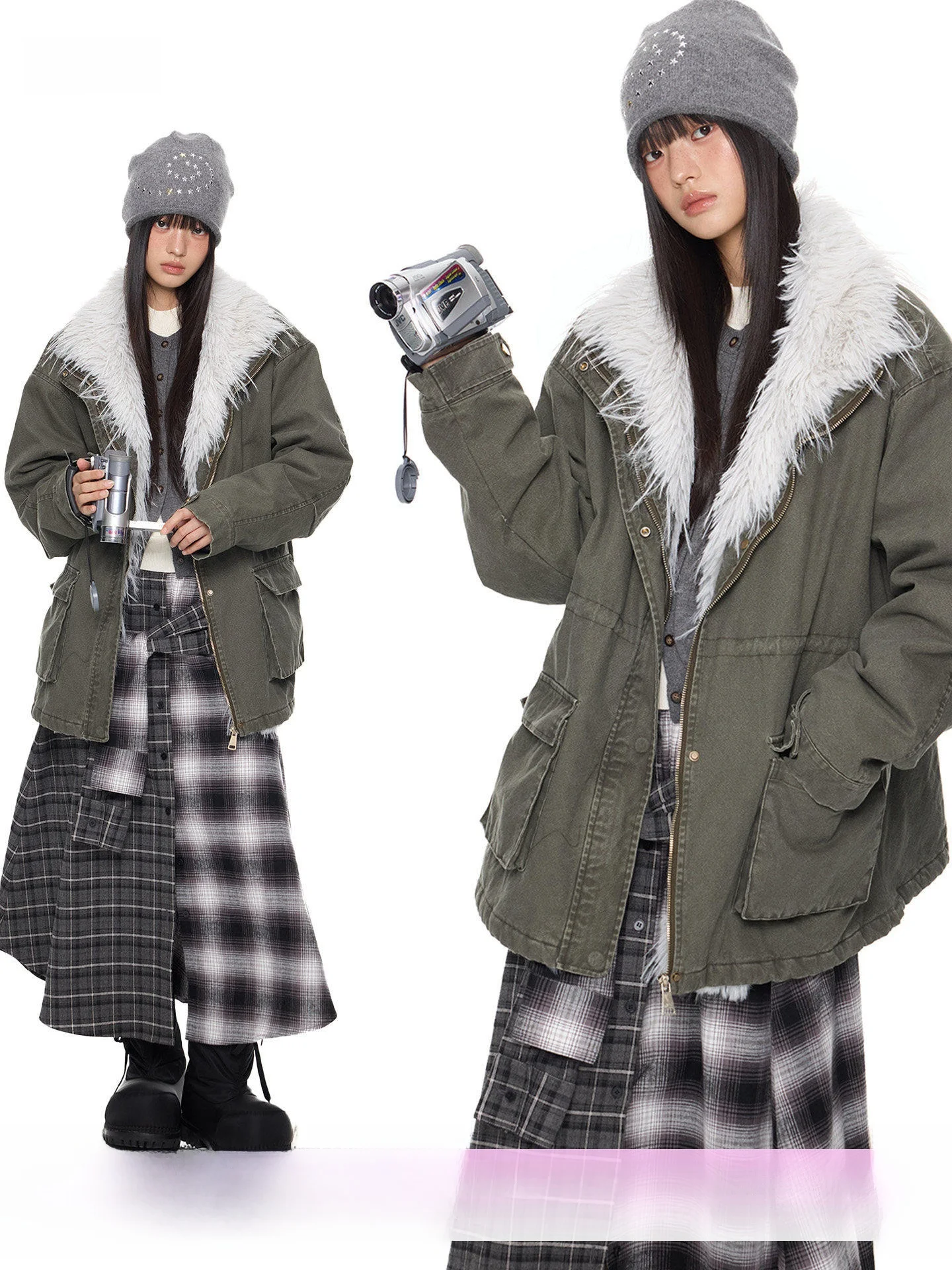 

EZEK Women's Waed Vintage Workwear Cotton Jaet Loose Casual Stand Collar Long Sve Thiened Winter Outerwear