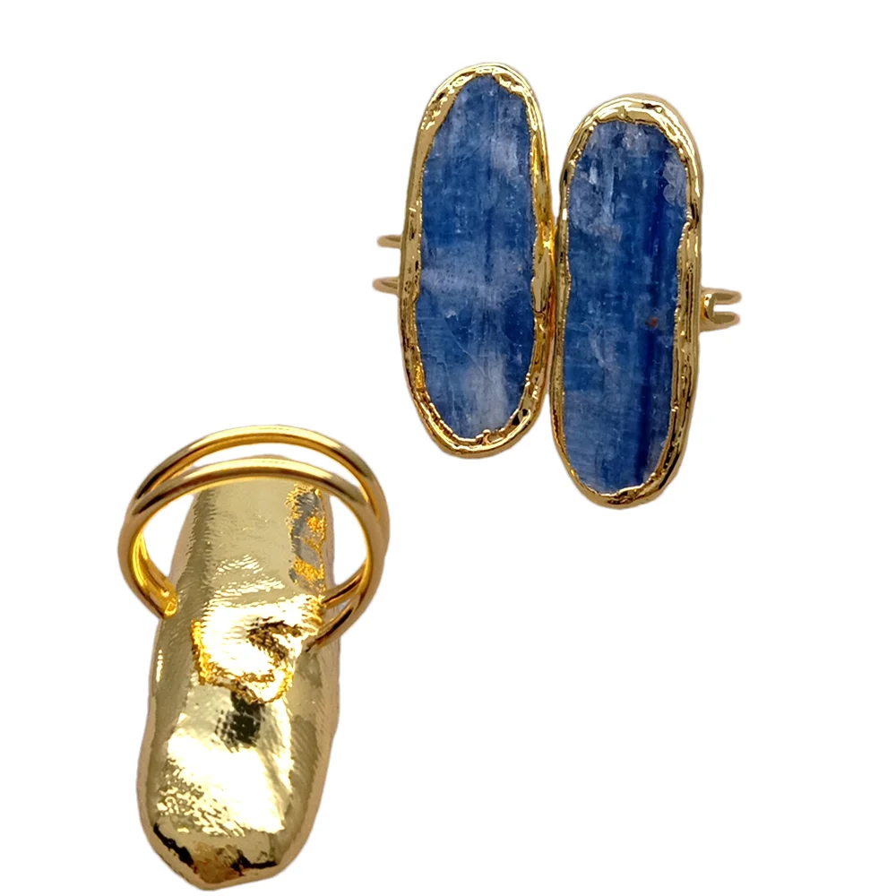 4 PCS 40-45mm Natural oval shape Blue Kyanite Finger gold plated edged Rings Adjustable Wedding Jewelry