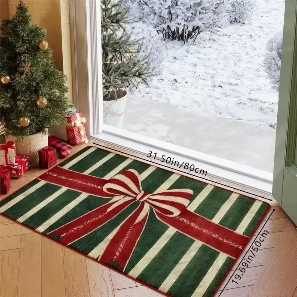 

1 PC Christmas Vintage Red and Green Striped Bow Welcome Doormat, Soft and Absorbent Bathroom Mat for Decorative Rugs at Doors