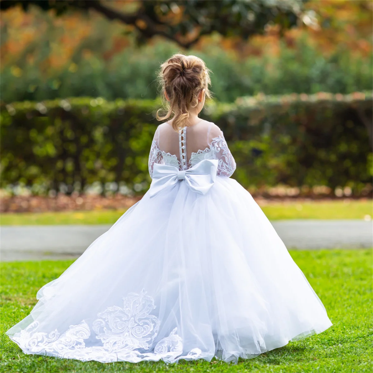 Vestidos de flores para niñas, apliques de encaje de tul esponjoso blanco, manga larga para bodas, fiesta de cumpleaños, regalo de primera comunión de princesa