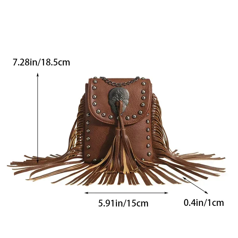 Vintage Women's Fringe Individual Rivet Mobile Phone Chain Shoulder Crossbody Bag Shopping