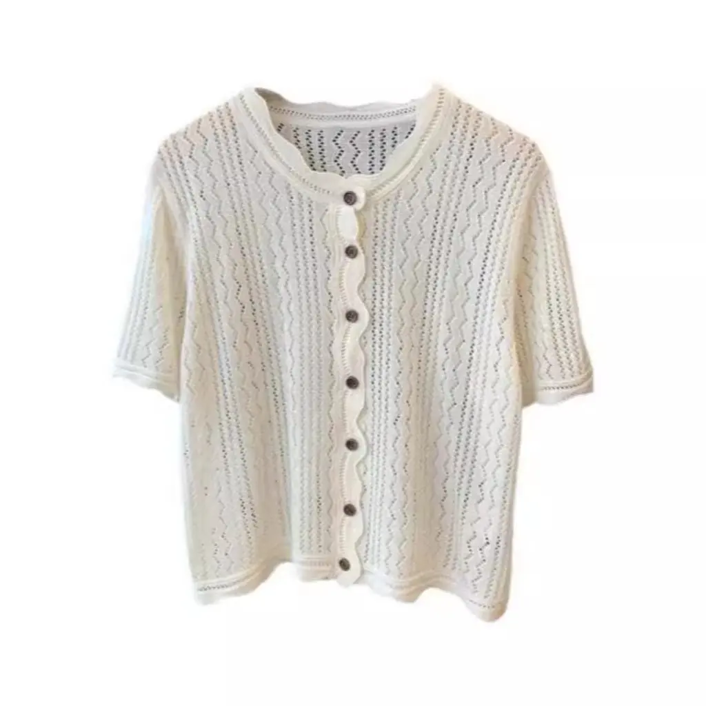 

Кардиган из смеси льна Tencel в художественном стиле, свободный крой, полый дизайн, свежая дышащая летняя футболка для женщин