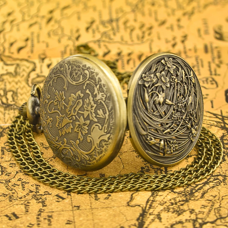 Vintage Bronze Clamshell แฟชั่นสร้างสรรค์ดอกไม้บรรเทานักเรียนสาวของขวัญสร้อยคอควอตซ์นาฬิกาพ็อกเก็ต