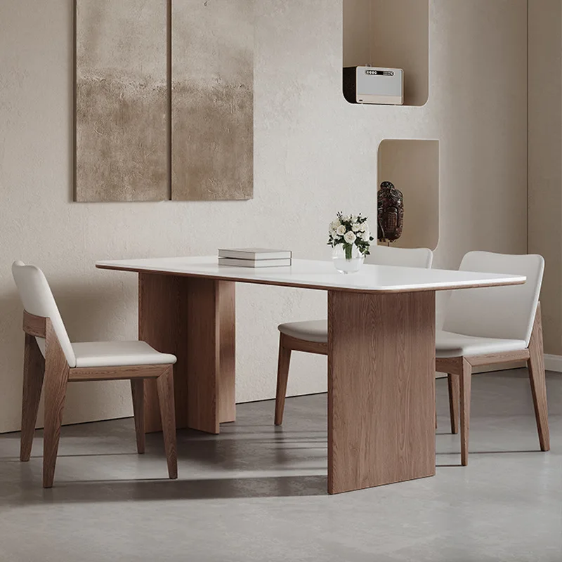 

French retro travertine rock slab dining table and chair combination household small apartment solid wood dining table black