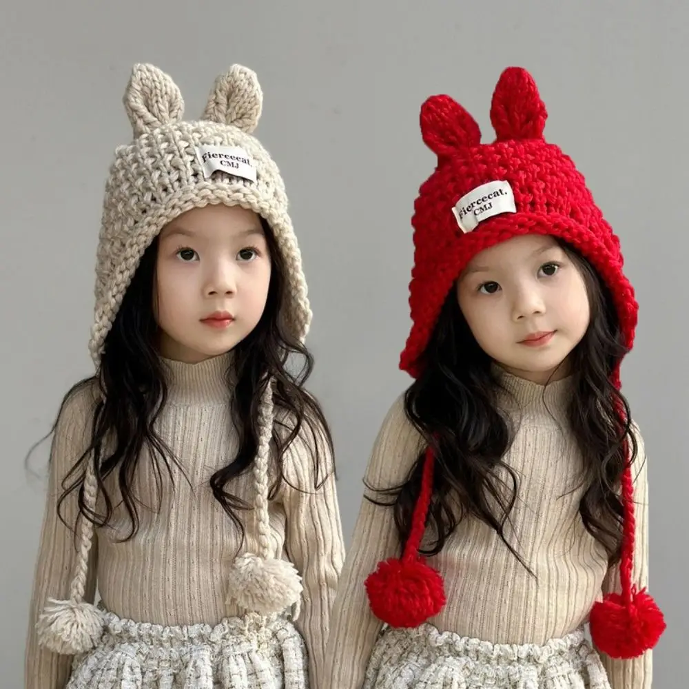 Cute Solid Color Baby Crochet Hat Soft Warm Rabbit Ear Hand Knitted Cap Outdoor Autumn Winter Ear Protection Cap