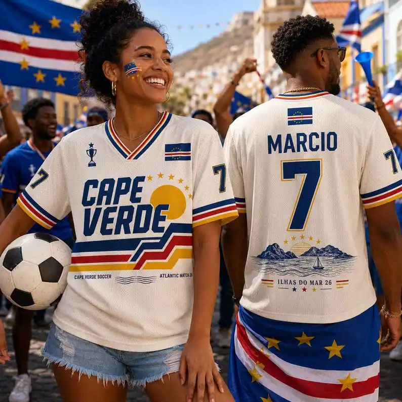 2026 Cape Verde Flag Embroidered Football Jersey Retro V-neck Men's Short-Sleeved T-shirt Streetwear Sports Shirt Women's Tee
