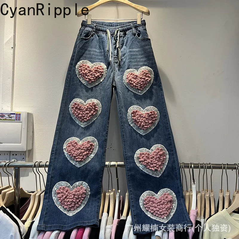 Fashionable Sequins Love Embroidery Women Denim Pants All-match Spring Autumn Elastic Waist Floor-length Casual Straight Jeans