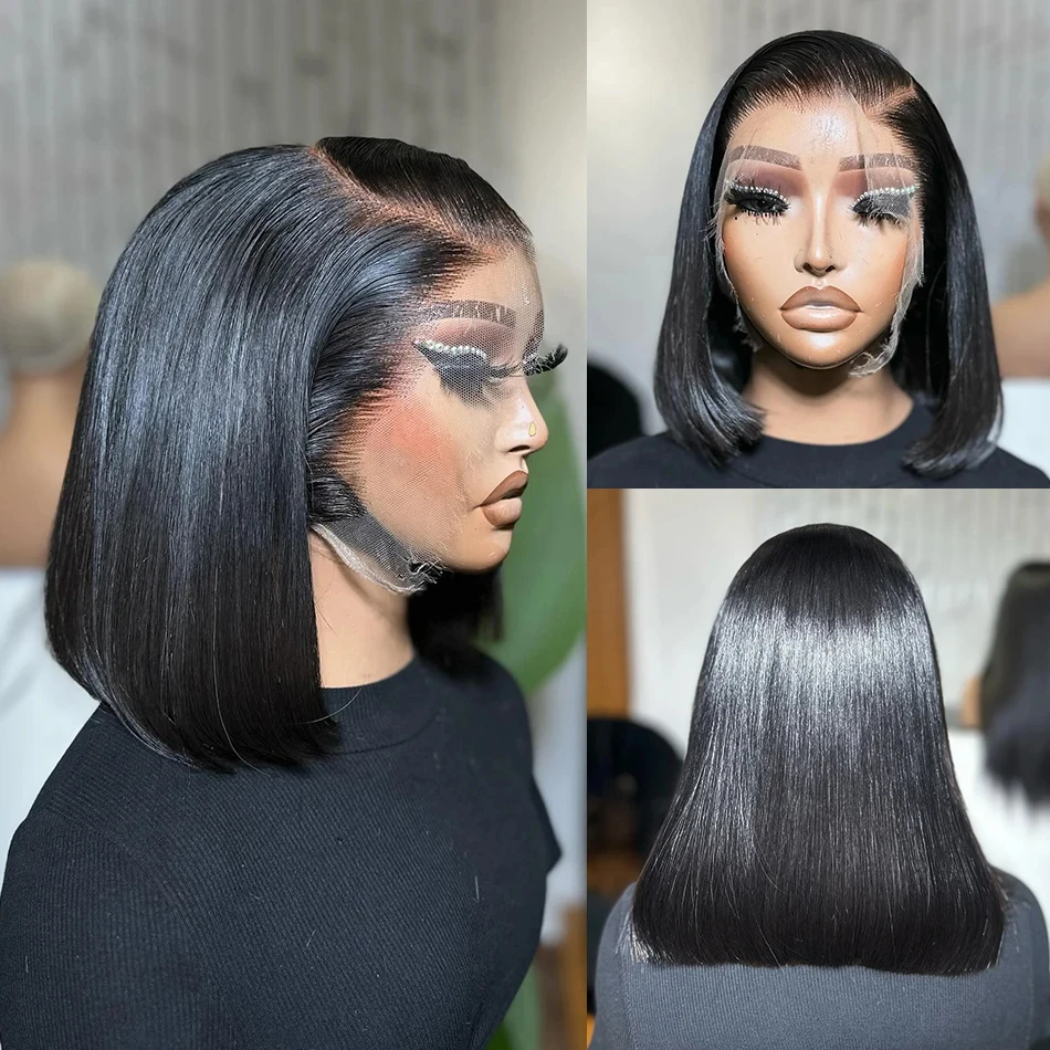 Bone Straight Short Bob Wigs Human Hair 13x4 Lace Front Human Hair Wig Pre Plucked Brazilian Hair 250 Density #1B Natural Color