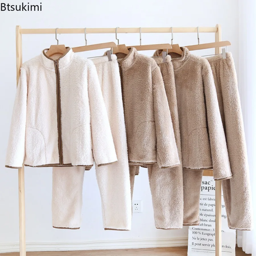 New 2026 Women's Autumn Winter Warm 2PCS Pajamas Set Flannel Two-piece Thickened Homewear Couple Simple Design Soft Home Clothes
