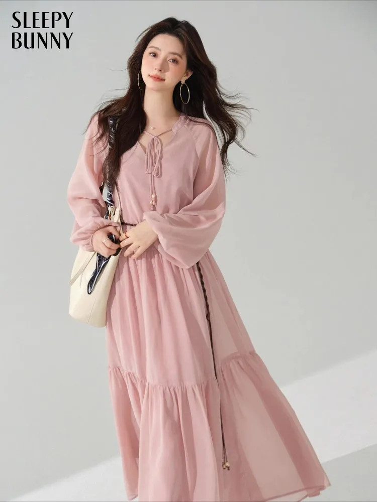 

Elegant V-Neck Maxi Dress Women Autumn Chiffon Long Dress High Waist Tiered Gown Puff Sleeve Slimming Outfit Casual Daily Wear
