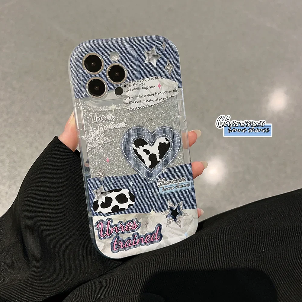 Retro Glitter Sequins star cowboy Cow pattern transparent Phone Case For iPhone 15 14 13 12 11 Pro Max 14 Plus Case Cute Cover