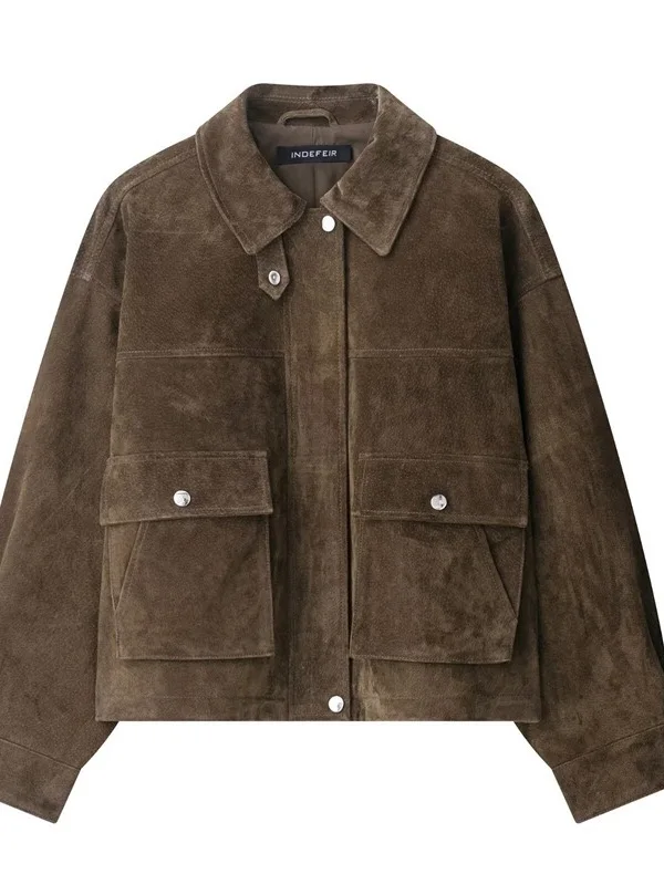 

Retro Sle Loose Motorcycle Jaet Women's Suede Outerwear Spring New Arrival Ladies Faion ort Coat Zipper Closure