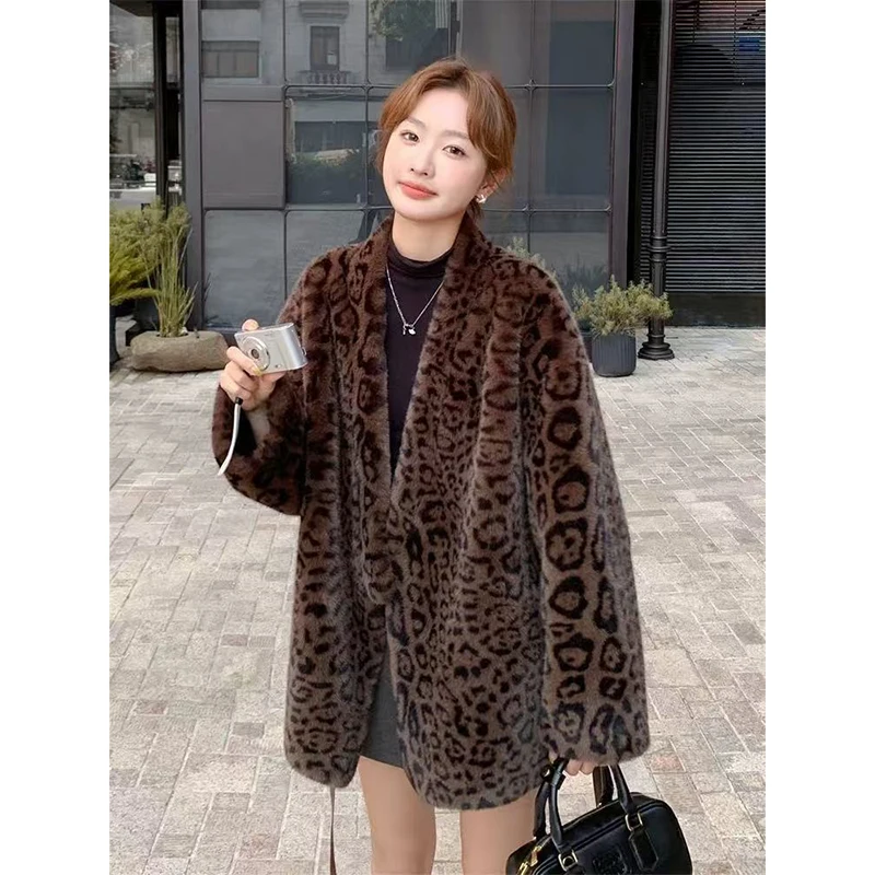 New Vintage Leopard Waterproof Mink Fur Coat Women Autumn Winter Fashion V-Neck Belt Closing Waist Slim Loose Faux Fur Jackets