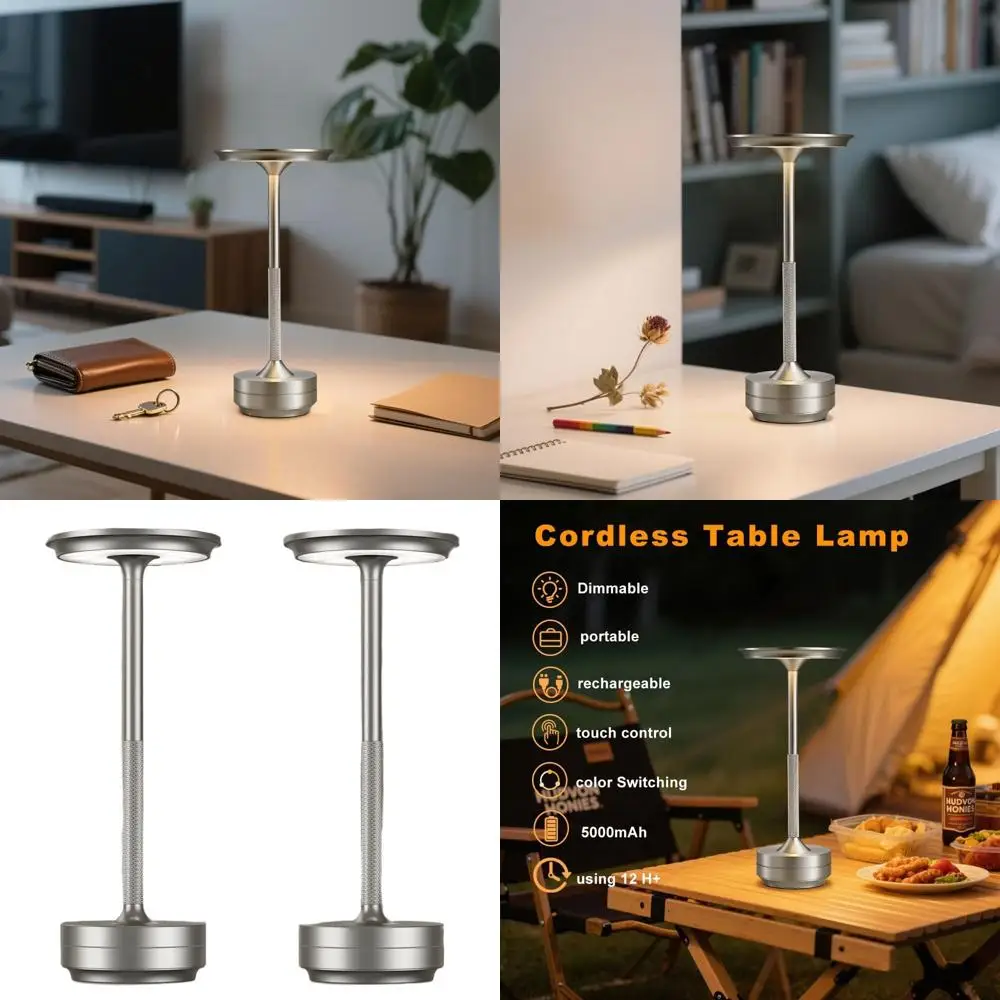 

Беспроводная перезаряжаемая светодиодная настольная лампа емкостью 5000 мАч с 3-цветным затемнением и памятью, портативная для наружного/в помещении (2 шт. серебристого цвета)