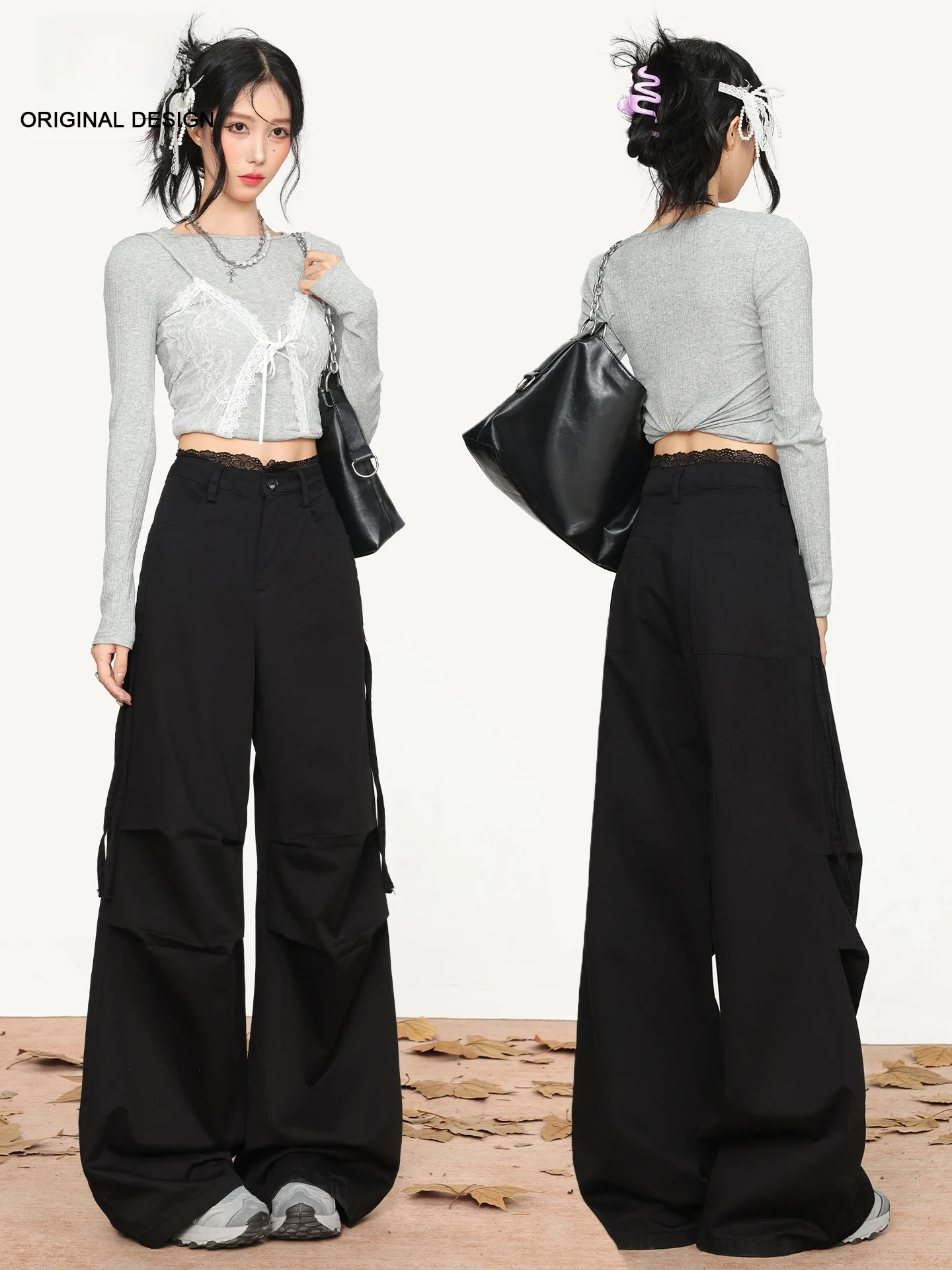 

Женские летние брюки с низкой талией, широкие штанины, новый свободный крой, визуально стройнящие, повседневные, с кружевной отделкой, модные