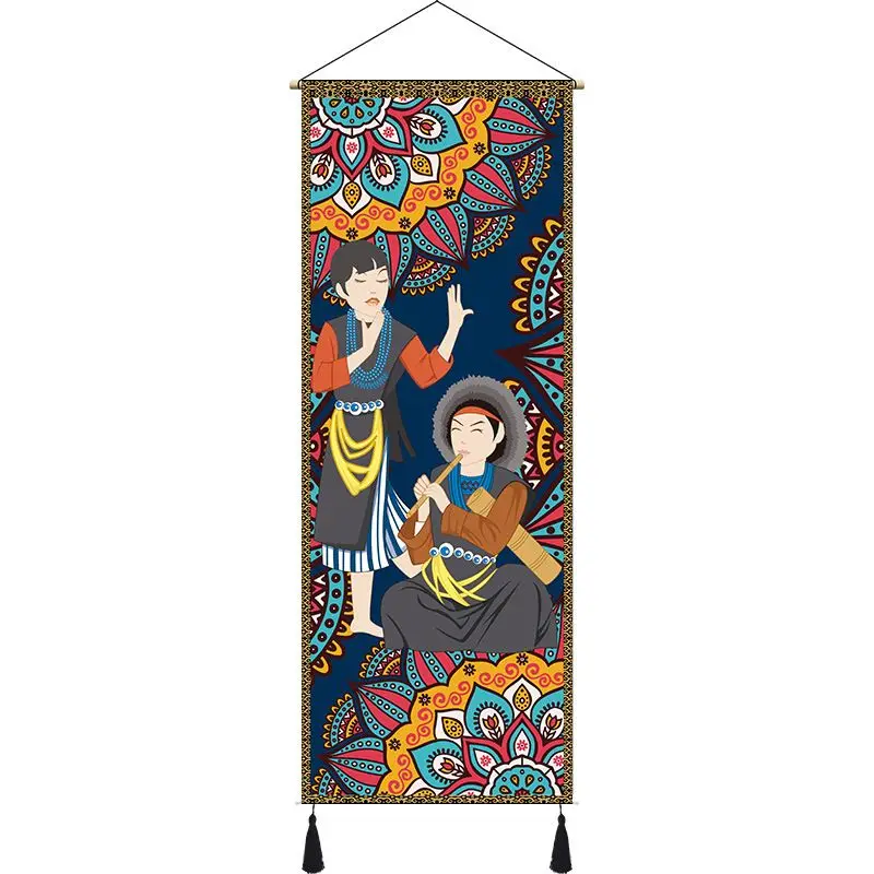 VIKAMA Folk Ribbon Dance Wall Scroll Tapestry Ethnic Mandala Tassel Polyester Wall Hanging for Bedroom Living Room Home Decor
