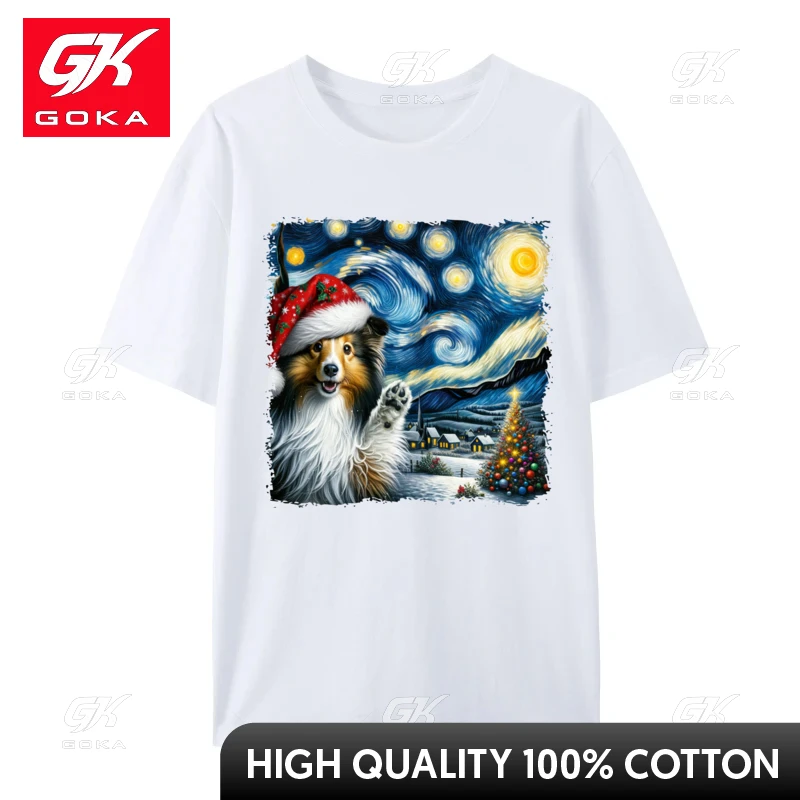 Shetland Sheepdog Santa Starry Night Van Gogh Christmas Dog T Shirt Vintage Men's Casual Tees 100% Cotton Round Neck T-Shirt