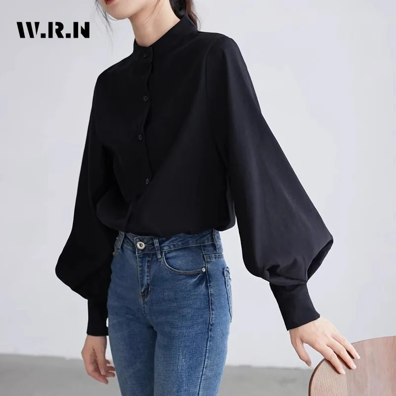 

Women Casual Elegant Long Sleeve Stand Collar Solid Color Baggy Shirts 2024 Spring Vintage Classic Office Lady Basics Blouse