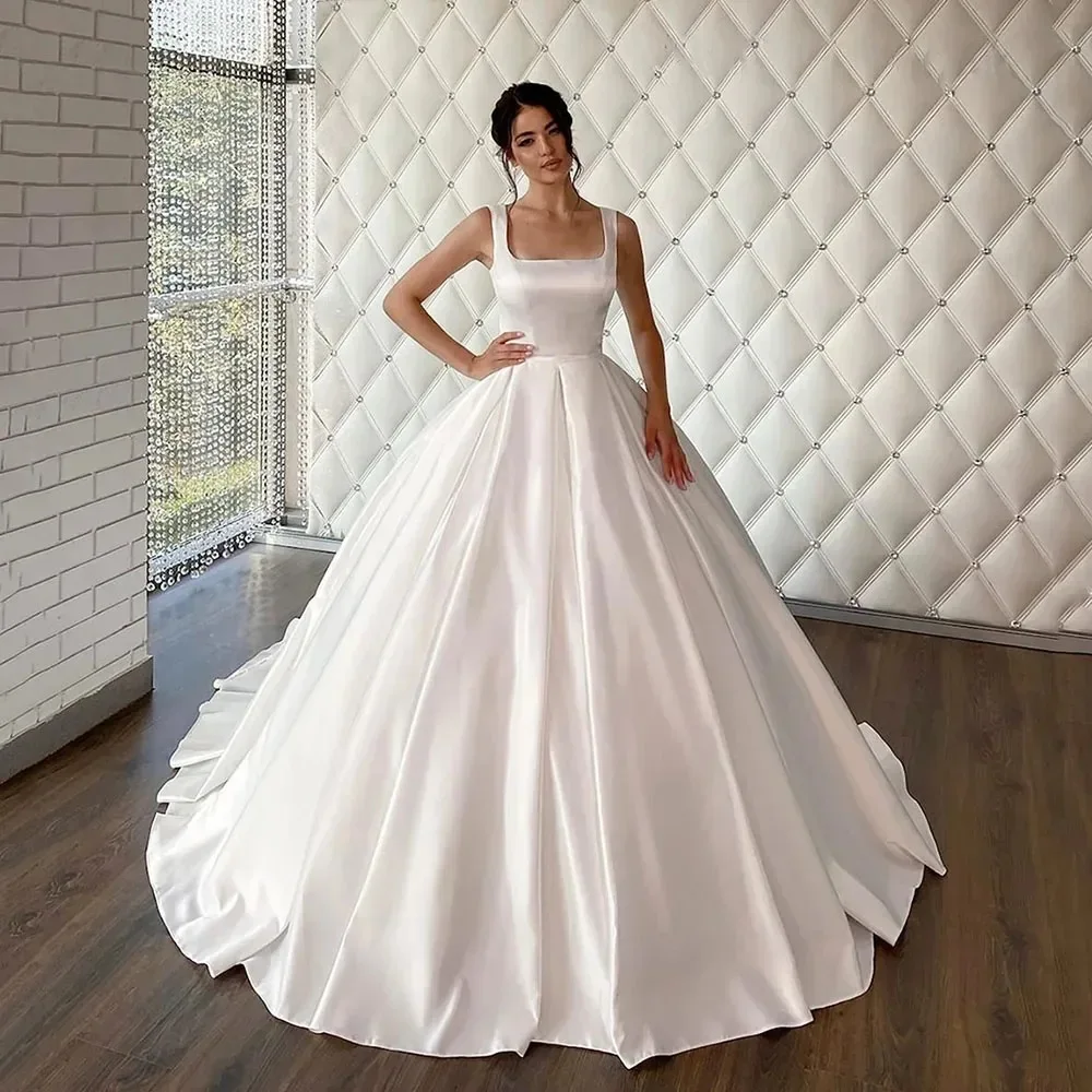 

Customzie Simple Satin Wedding Dress Square Neck Sleeveless A Line Corset Bridal Gown For Women vestidos de novia