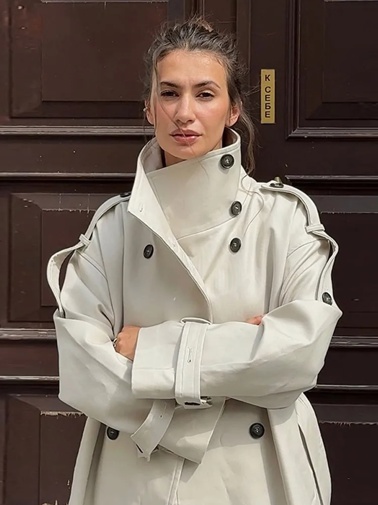 

Women Casual Solid Overcoat Full Sleeves Double-breasted Lapel Loose Outerwear 2025 New Autumn Fashion Lady Commute Coats