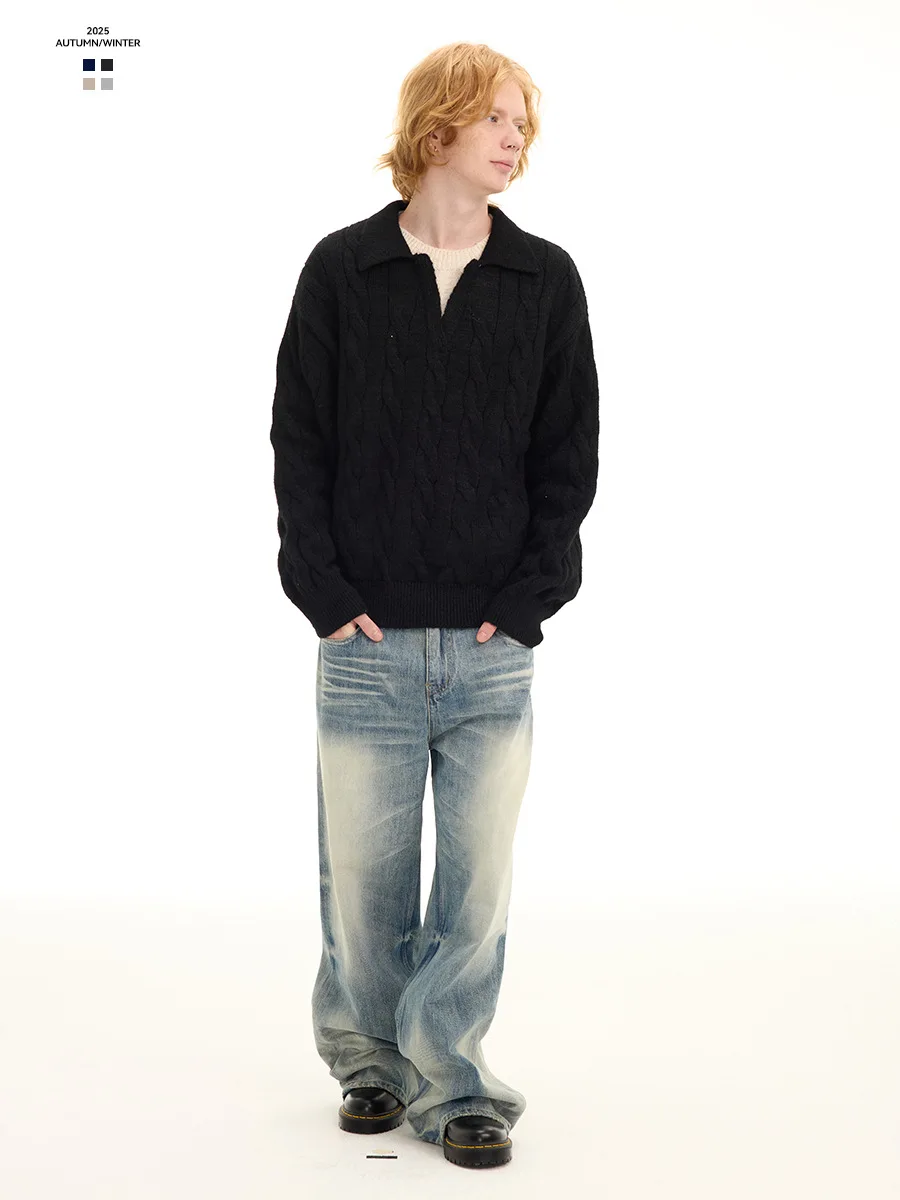 

Мужские шерстяные вязаные пуловеры с меховым воротником, утепленные, плотные, зимние, теплые, из смесового хлопка, однотонные: черный, серый, темно-синий