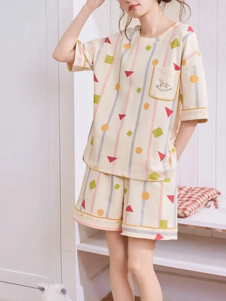 2pcs Women Pajama Set Short Sleeve Top And Shorts Geometric Print Comfortable Sleepwear Spring Summer