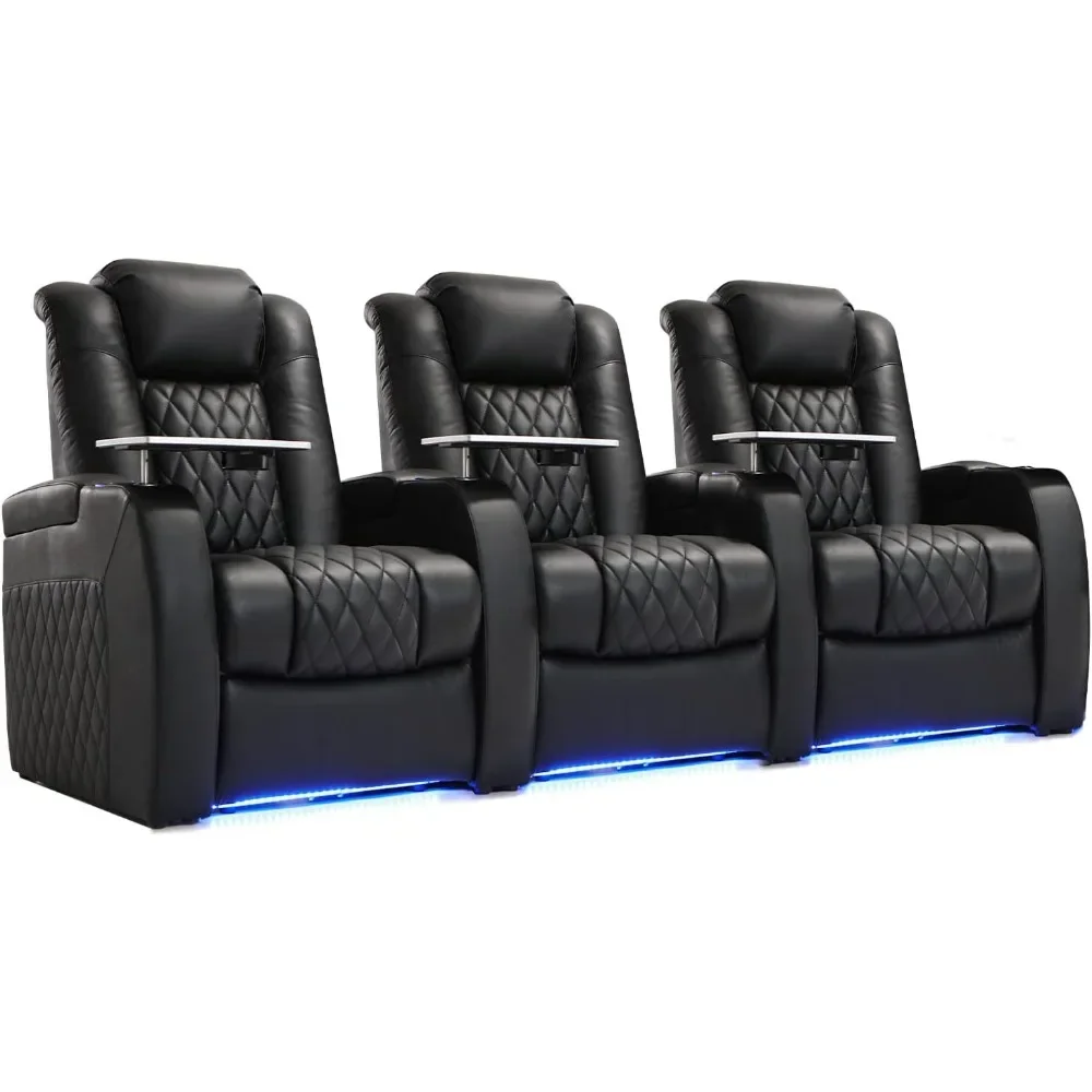 Home Theater Seating Top Leather Recliner Chair Power Headrest and Recline with Tray Table Cup Holder Movie Seats Gaming Sofa