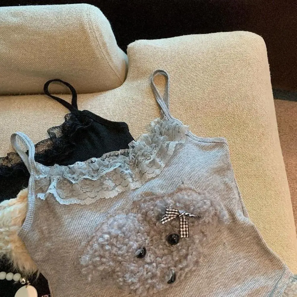 

Plush Dog Slim Crop Top Summer Bottoming Shirt Sweet Girl's Vest Top Spice Girls Style Lace Ruffle Camisole with Pads Seaside