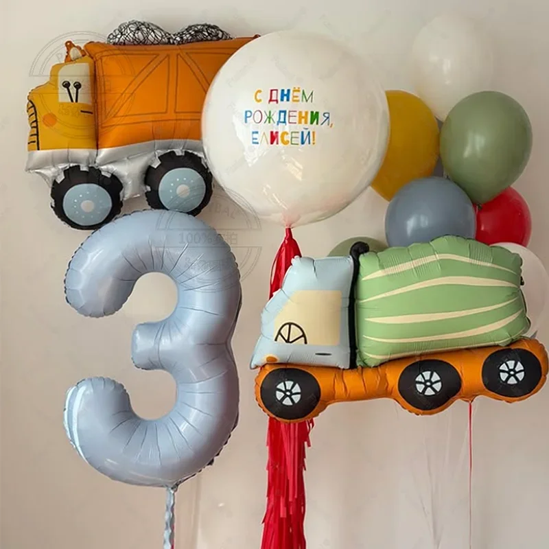 17pcs Pink Blue Excavator Car Matte Aluminum Film Balloons Cute Cartoon Men's and Women's Birthday Party Decoration Ballo