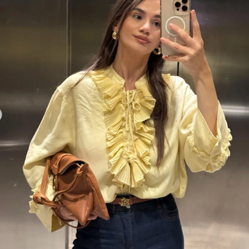 เสื้อผู้หญิง HXAO แบบระบายสีเหลือง เสื้อแขนยาวผูกเชือก ผ้าลูกไม้ เสื้อแฟชั่นฤดูใบไม้ร่วง ไซส์ใหญ่ ดีไซน์หรูหรา
