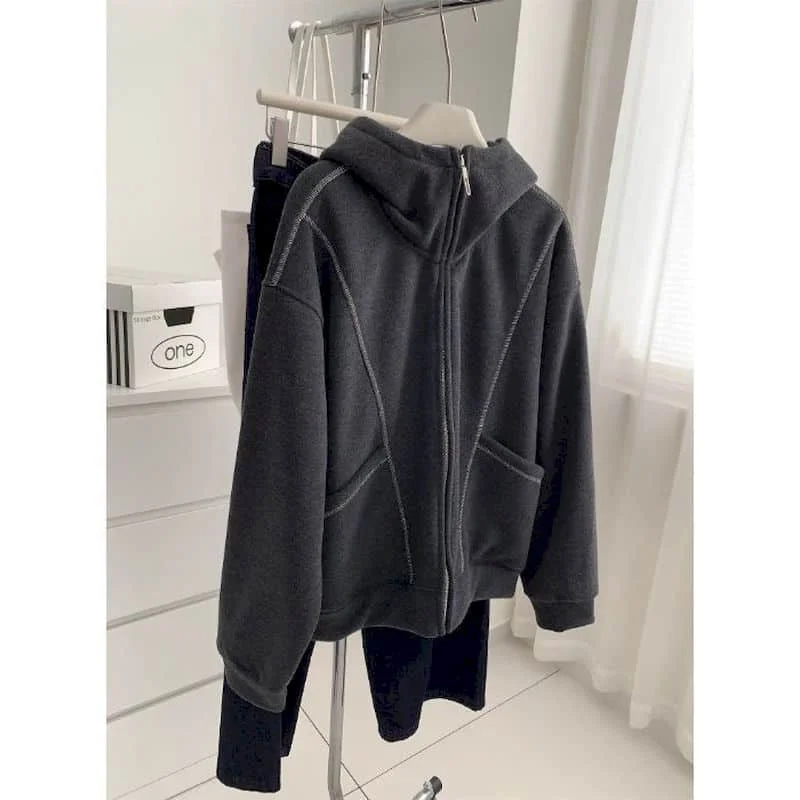 Casual Sweatshirt Jackets Hooded Velvet Fleece Korean Style Long Sleeve Sporty Tops 2026 Autumn Winter Women Aesthetic Clothes