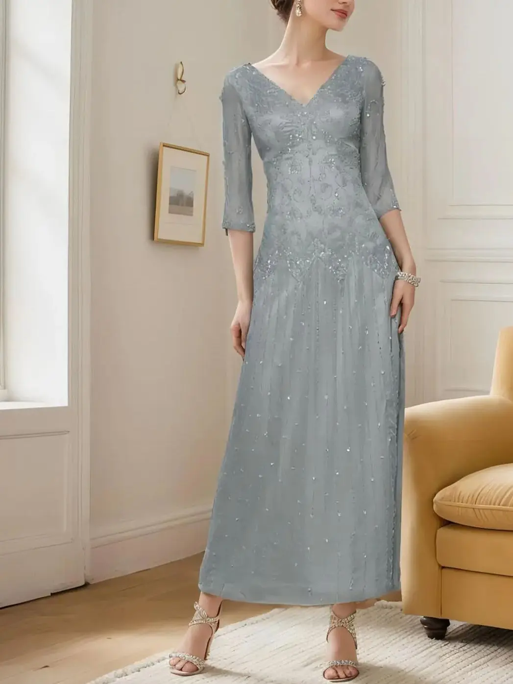 أزياء أنيقة غمد فستان سهرة مطرز بالخرز شيفون على شكل حرف v 1/2 كم طول الكاحل فستان الزفاف الضيوف 2025 مخصص مجاني
