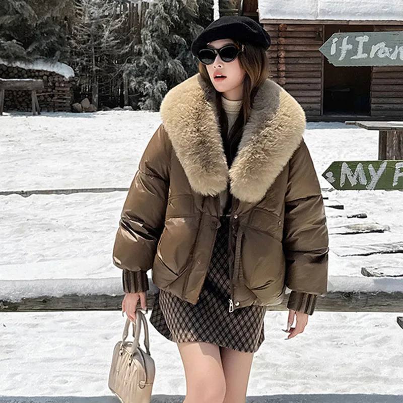 Damska kurtka zimowa z dużym futrzanym kołnierzem, puchowa kurtka damska, krótka, gruba, modna kurtka damska bawełniana JJ1143