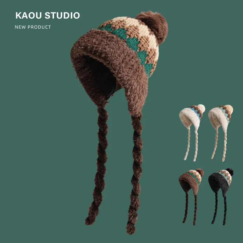 Cappellini pullover lavorati a maglia jacquard letterario stile Fair Island vintage per le donne Cappelli bomber con cinturino carino e versatili da viaggio invernale