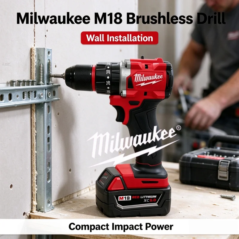 M18 Milwaukee Brushless Compact Hammer Drill, Light High-power Motor, Used for Daily Metal and Wood Drilling Power Tools.