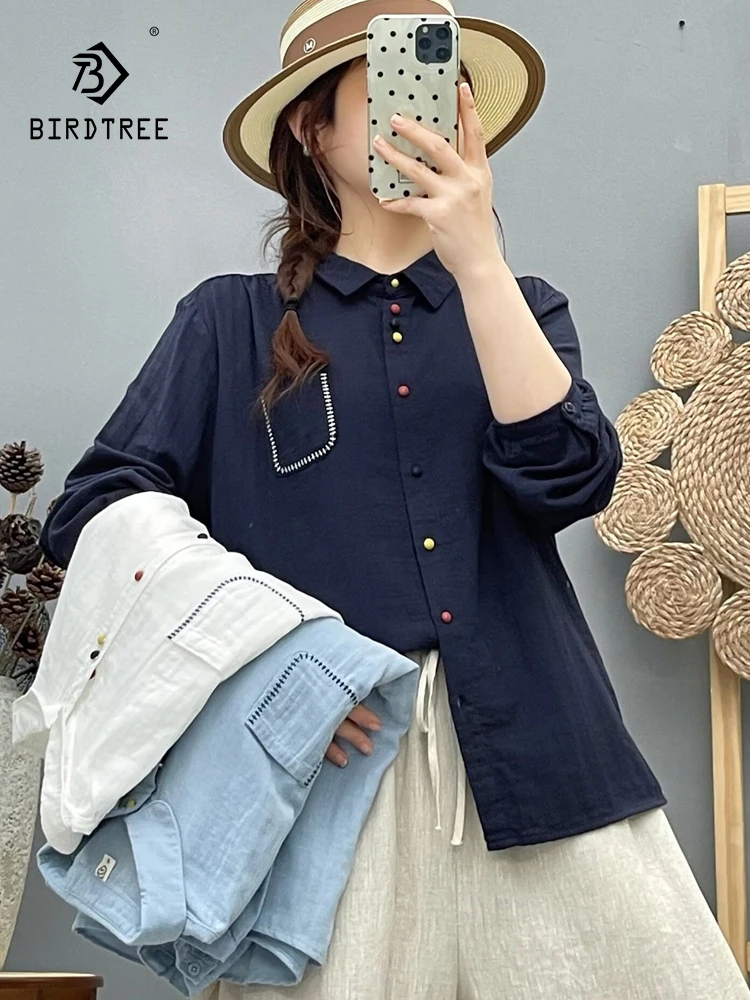 

Новинка 2025, осенняя рубашка с длинными рукавами из хлопковой пряжи, женская рубашка с отложным воротником и карманом, шикарная свободная блузка Mori Girl Age Reduction T5O331CC