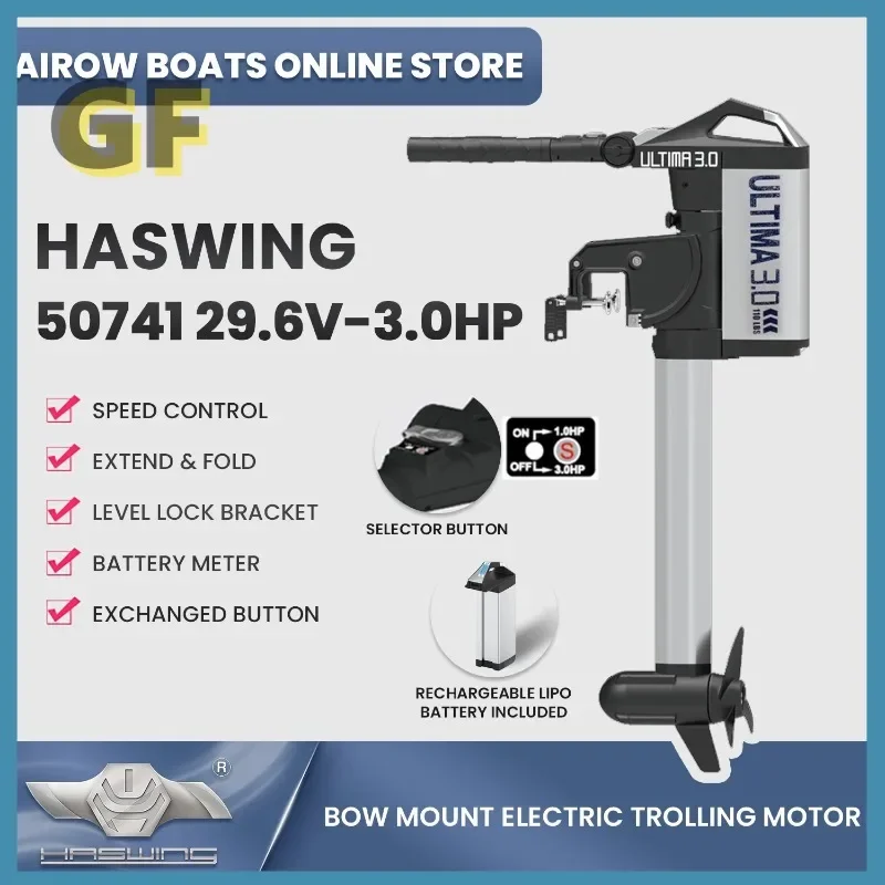 Electric Trolling Motor 29.6V-3HP/Brushless Motor 50741-76_B Haswing Ultima Transom Mount With Battery