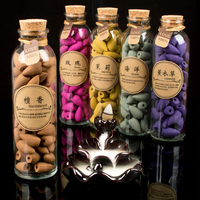 58Pcs Cones in Glass Bottle Package Flavor Can Choose Natural Smoke Backflow Incense Cones Hollow Cone Incense Sandalwood