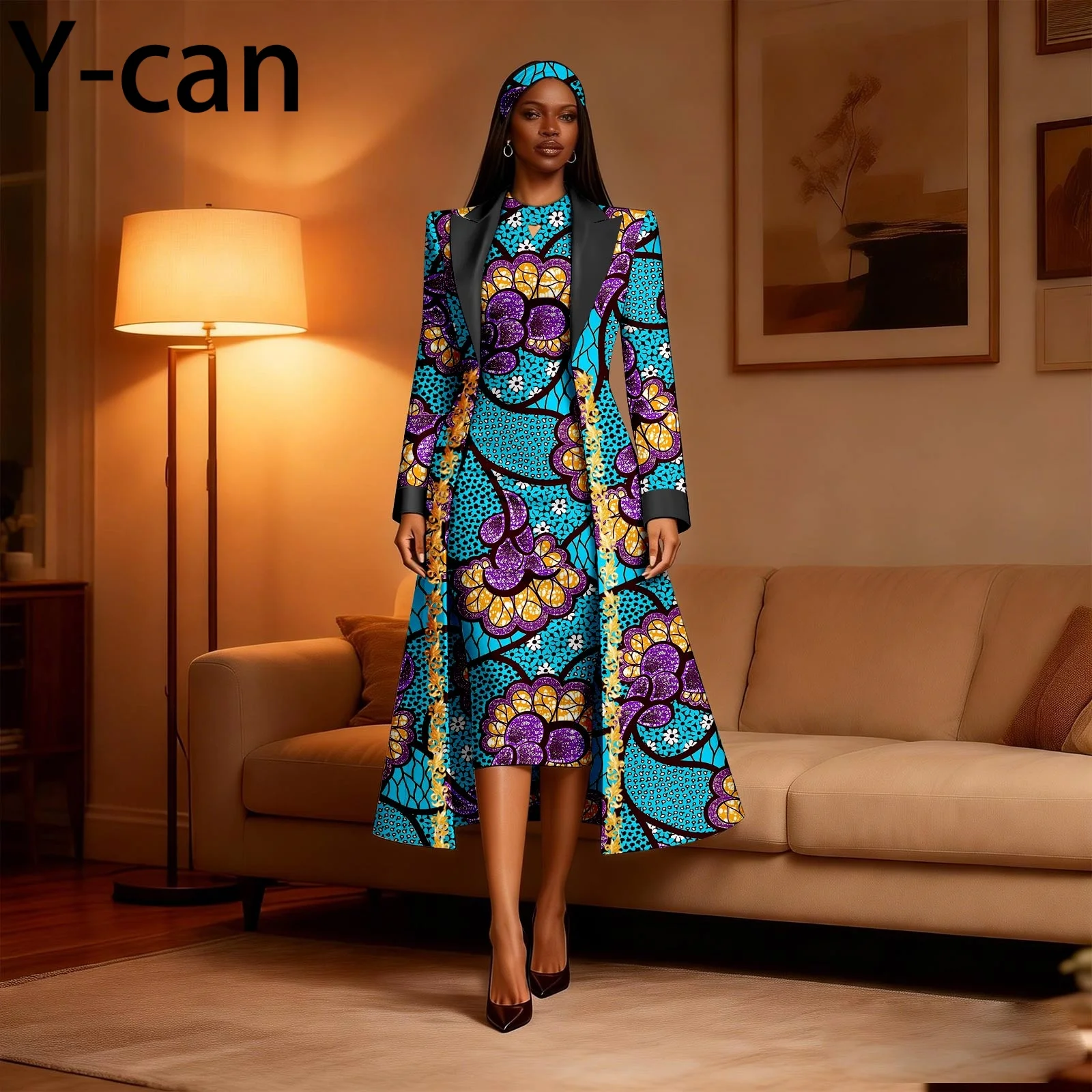 

Women 3PCS African Ankara Print Outfit Long Blazer Sleeveless Midi Dress Matching Headwrap Dashiki Formal Party Suit 2626034
