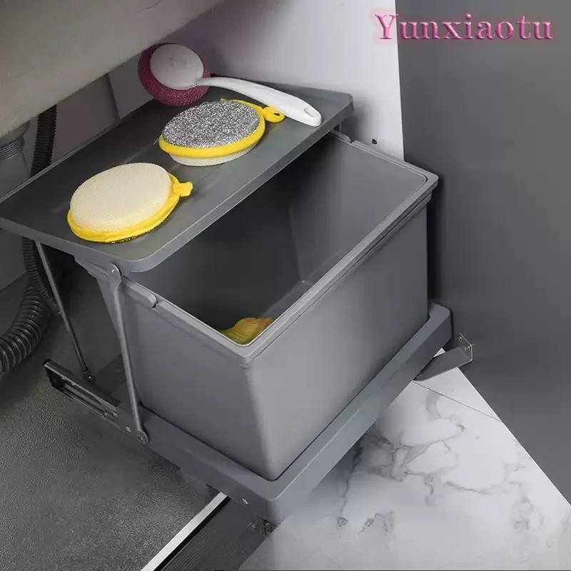 Kitchen cabinet opening trash can embedded hidden trash can classification with cover pull-out type