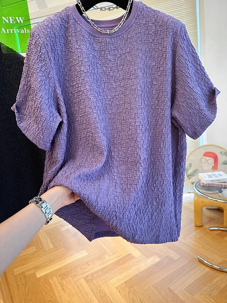 Loose Short Sleeve T-Shirt Women's Bubble Cloth Pad Shoulder Violet Color Texture Summer Top plus Size 300 Pounds Bubble Shirt