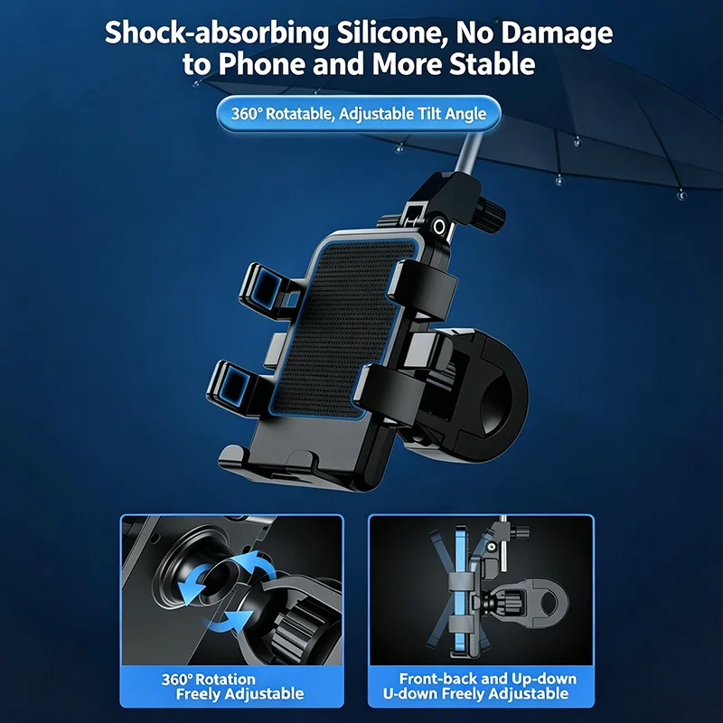 New Motorcycles Bicycles Phone Holder Free Rotation Navigation Bracket Riding Shockproof for IPhone Xiaomi Samsung with Umbrella view 5
