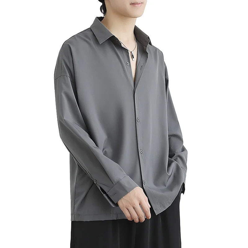 

Loose Ice Silk Long Sleeve Casual Shirt Men's Spring Summer High Sensation Cool Looking White Shirt Trendy Male Fashion