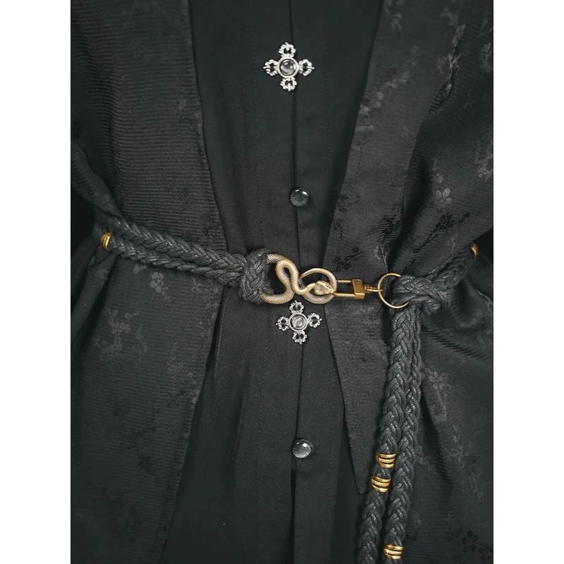 

New Chinese Style National Style Weaving Waist Rope Tassels Black Retract The Belt Weaving Wax Rope Metal Lock Buckle Snake Belt