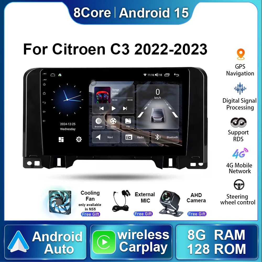 8G+128G Android15 Auto Carplay Car Radio For Citroen C3 2022 - 2023 GPS Navigation Multimedia Player Navigation GPS DSP Wireless